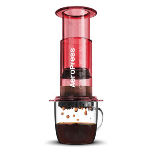 Aeropress neu in Farbe, Rot Transparent.